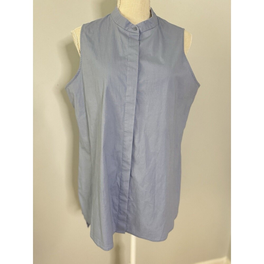 Eileen Fisher Organic Cotton Lawn Mandarin Collar Long Shirt in Hyacinth Size L